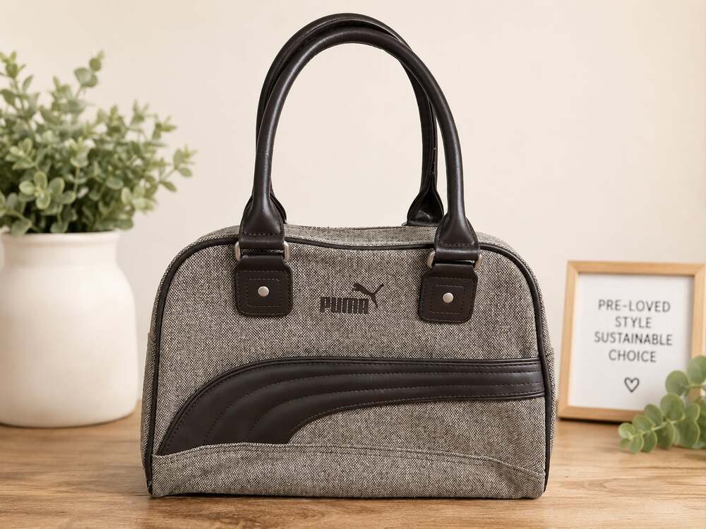 Vintage Puma Bowler Bag Y2K Brown Tweed Canvas Satchel Purse Retro